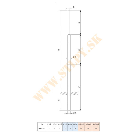 Stožiar BV7  ZN  7m-55kg-108/89/60mm bez mont. otv. na solár sv.