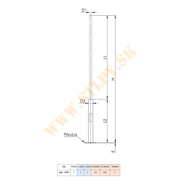 Stožiar SVP5 ZN + príruba 5m-36kg-108/60mm s mont. otvorom