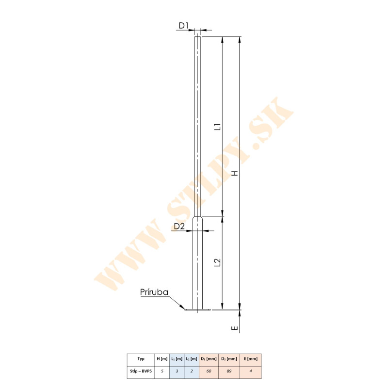 Stožiar BVP5 ZN+ príruba 5m-30kg-89/60mm  na solár sv.