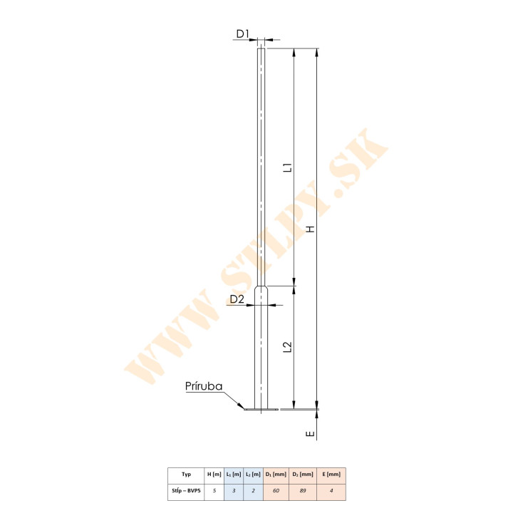 Stožiar BVP5 ZN+ príruba 5m-30kg-89/60mm  na solár sv.